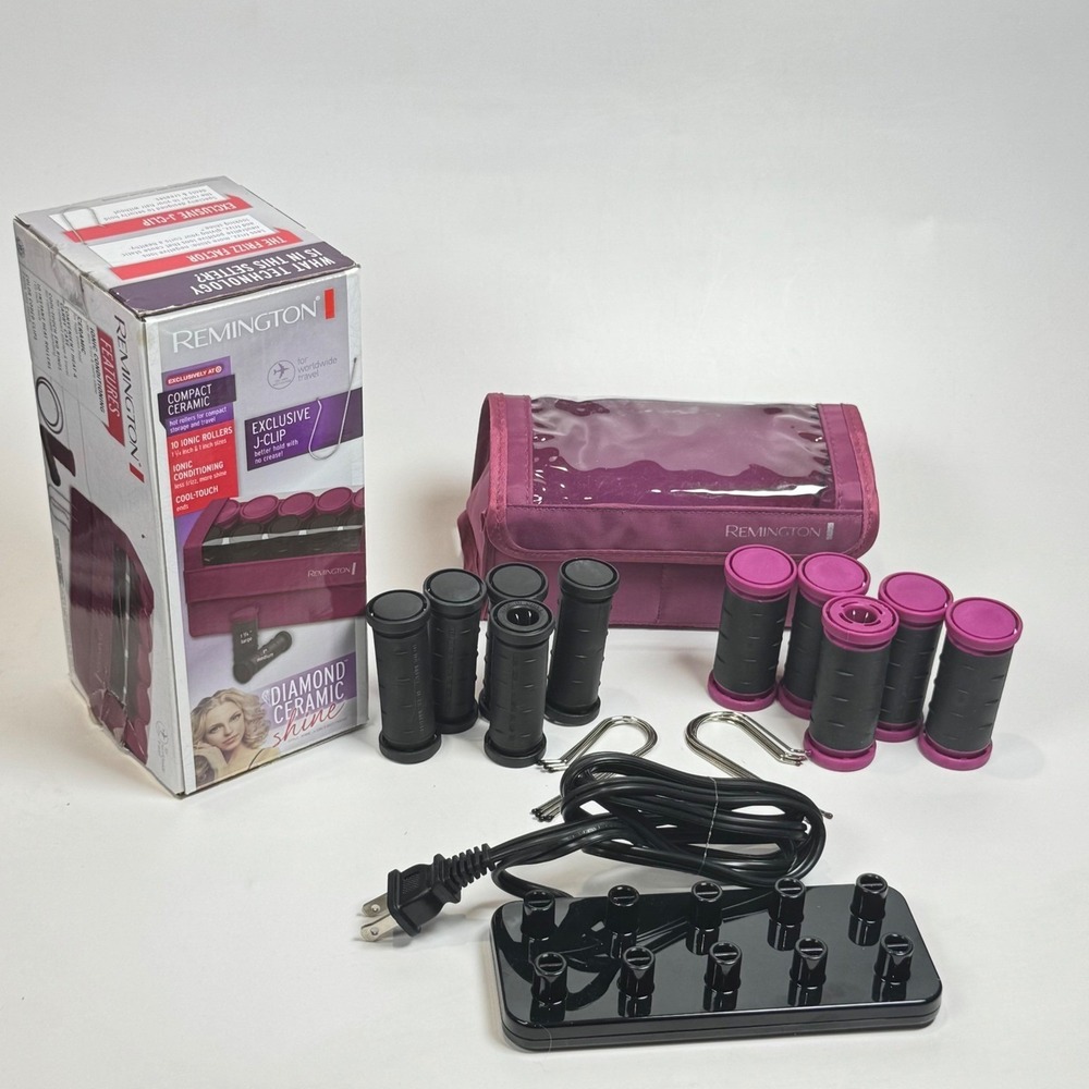 Remington Diamond Ceramic Shine Compact Hot Rollers Purple 10pc w J Hooks Works